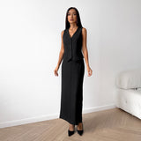 Temperament Black Mystery V-Neck Sleeveless Vest Long Open Skirt Set Summer Sexy Casual Commuter Women's Clothing 68HZ