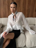 Autumn 2025 New Women's Long Sleeves Thin Laminated Lotus Leaf Tops High-End Feel Shirt 68HZ