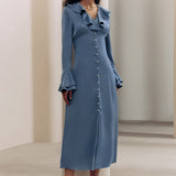 French Imitation Acetate V-Necked Horn Sleeve High-Waisted Lotus Leafy Dress 2025 Autumn Fashion New 68HZ