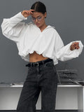 White Collar Sexy Open-Navel Design Sense Asymmetric Sleeve Shirt 2025 Autumn Fashion New Top 68HZ