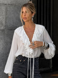 Spring And Summer New Loose V-Neck Lotus Leaf Side With Long-Sleeved Shirt Fashion Lantern Sleeve Simple Commuter Women's Clothing 68HZ