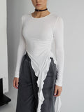 2025 Spring And Summer Irregular Sexy Design White Knitted Round Collar Slimming Women's T-Shirt 68HZ