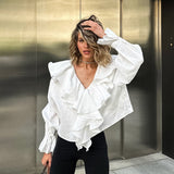 Cotton Design Lotus Leaf Side Sexy V Tie Shoulder Sleeves With Autumn And Winter Temperament Casual Shirt Woman 68HZ