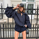 2026 Women's Blue Denim Set Loose Bubble Sleeve Shirt Shorts Two Sets 68HZ