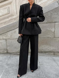 Black High-End Long-Sleeved V-Neck Folded Waist Blazer Trousers Two-Set Autumn Women's Suit Suit 68HZ
