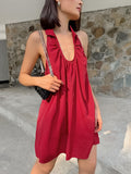 Summer Fashion Elegant Loose Hanging Neck Bare Back Temperament Red Cotton Dress Temperament Short Dress Girl 68HZ
