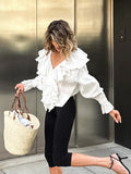 Cotton Design Lotus Leaf Side Sexy V Tie Shoulder Sleeves With Autumn And Winter Temperament Casual Shirt Woman 68HZ