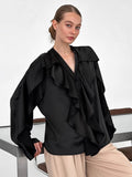 Black V-Necked Lotus Leaf Side Bubble Sleeves Of The Lady's Shirt 2025 Autumn And Winter Fashion New Top 68HZ