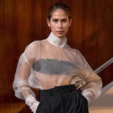 Sexy Perspective Mesh High-End Feeling Long-Sleeved Shirt 2025 Spring And Summer Fashion New Top Lady 68HZ