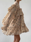 Autumn New Chiffon Wrinkle-Print Lotus Leafy Dress 2025 Lantern Sleeve Women's Short Dress 68HZ