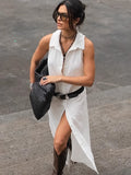Vintage Cotton Women's Shoulderless Sleeveless Single Buckle 2025 Summer New Long Shirt Collar Dress 68HZ