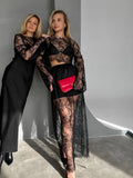 Spring And Summer Sexy Black Perspective Lace Long Sleeves Loose Leisure Collar High Waist Half-Dress Suit Women's Clothing 68HZ
