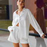 Sexy Design With A Sense Of Cotton White Fashion Long-Sleeved Shorts Set Summer Women's Clothing 68HZ