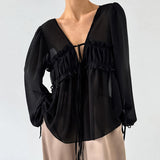 Spring And Summer Sexy White Chiffon Lotus Side Loose Casual Babes With Long-Sleeved Commuter Shirt Woman 68HZ