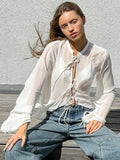 White Chiffon Small Vertical Collar Design Sense Rope Women's Shirt 2025 Autumn And Winter Fashion New Top 68HZ