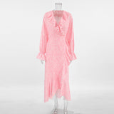 Gentle Wind Pink Temperament Lotus Leaf Side V Collar Sleeve Fishtail Dress Autumn Lace Long Skirt 68HZ