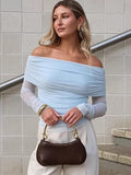 Sky Blue Repair Elastic Collar Collar T-Shirt 2025 Spring And Summer Fashion New Top 68HZ