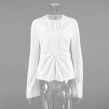 Autumn 2025 New White Collar Design T-Shirt Women's Fashion Long-Sleeved Horn Sleeve Top 68HZ