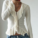 Knitting Body V Collar Lotus Leaf Side Design T-Shirt Commuting Women's Clothing 2025 Autumn And Winter New 68HZ