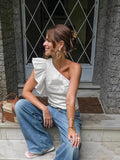French Retro Temperament Collared Shoulder Design Short Cotton White Summer Lotus Leaf Side Vest Woman 68HZ