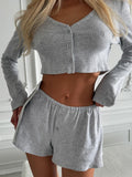 2025 New Casual Home Set Women's High-End Spring And Autumn Solid Color Long-Sleeved Open Shirt Shorts Gray Two-Piece Set 68HZ