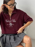 New Chromic Letter Embroidery Short Sleeves Loose Casual Half-Tzip-Up Clip T-Shirt Lady Summer 68HZ