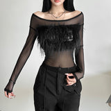 Women's Clothing 2025WISH Autumn And Winter New Solid Color Long-Sleeved Word-Collar Mesh Yarn Perspective Top Lady 68HZ