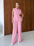 Pink Gentle Windless Suit Collar Loose Vest High-Waist Pocket Broad-Footed Trousers Summer Fashion Casual Suit Woman 68HZ