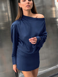 Autumn And Winter Elegant Blue Temperament Soft And Dumb Color Butt Irregular Collar Long Sleeves Short Dress Dress Woman 68HZ