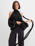 2026 Spring French Temperament Hanging Neck To Lead Long-Sleeved Hair Dress Girl Niche Design Feel Gold And Silver Silk Shirt 68HZ