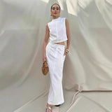 Spring And Summer New White Cotton Sleeveless Collar Top Open Loose Long Dress Two Sets Of Simple Commuter Suit Woman 68HZ