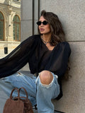 Autumn And Winter Sexy Design Feeling Micro-Permeable Chiffon Black Mystery Loose V-Neck Shoulder Sleeves With Niche Tie Shirt 68HZ
