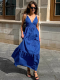 French Holiday Style Blue Cotton-Cotton V-Necked Ribbon Ribbon Dress 2025 New Long Dress 68HZ