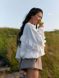 Small Design Tidial Woman Autumn Back Lace Lotus Side Splicing Tops Loose White Coat Woman 68HZ