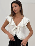 White Flying Sleeve Cotton Hemp Leaves Side Strapped Small Vest 2025 Summer Fashion New Woman 68HZ