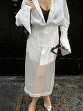 Autumn French Classic Fashion Sexy Perspective White Mesh High-Waisted Straight Straight-Up Open Skirt Woman 68HZ
