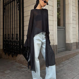 Chiffon Shirt Women's Black Mesh Irregular Niche Design Round Neck Lotus Leaf Sleeve Long Sleeve Top 68HZ