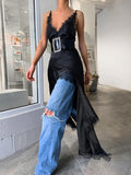 Summer Sexy Design Lace V Tie With Black Mystery Dress With Open Fork Dress Women's Dress 68HZ