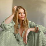 Autumn/Winter 2025 New Long-Sleeved Lap Folding Shirt Women's Broad-Legged Drag Feeling Wrinkled Trouser Set Solid Color 68HZ
