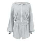 2025 Autumn Hooded Long-Sleeved Sweaty Loose Shorts Two-Piece Set Of Casual Sports Suit Gray Woman 68HZ