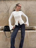 Autumn 2025 New White Collar Design T-Shirt Women's Fashion Long-Sleeved Horn Sleeve Top 68HZ