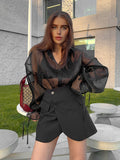 Black Sexy Mesh Collar Bubble Sleeve Lady Shirt 2025 New Autumn Fashion Women's Top 68HZ
