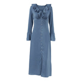 French Imitation Acetate V-Necked Horn Sleeve High-Waisted Lotus Leafy Dress 2025 Autumn Fashion New 68HZ