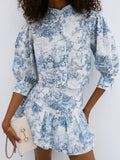 New Chinese Small Collar Printing Short-Sleeved Skirt Set 2025 Autumn Fashion New Two-Set Women 68HZ