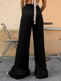 Black-Colored Broad-Legged Lotus-Leaf Side Design-Sensitive Trousers 2025 Summer Fashion New Trousers Women 68HZ