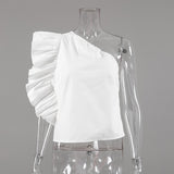 French Retro Temperament Collared Shoulder Design Short Cotton White Summer Lotus Leaf Side Vest Woman 68HZ