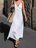 Sexy White Cotton Tame V-Neck Lotus Leaf Side Loose Sling Dress 2025 Spring And Summer New Holiday Dress 68HZ