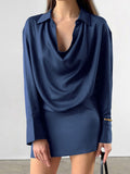 Autumn And Winter Elegant Blue Temperament Soft And Dumb Color Butt Irregular Collar Long Sleeves Short Dress Dress Woman 68HZ