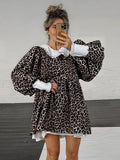 Leopard V-Neck Bubble Sleeve Splicing Lotus Leaf-Side Cover Dress 2025 New Spring Fashion Woman 68HZ