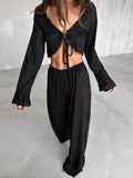 V-Neck Knitted With Lotle Leaf Side Umbilly Collar Trousers Set 2025 Autumn And Winter Fashion New Two-Piece Set 68HZ
